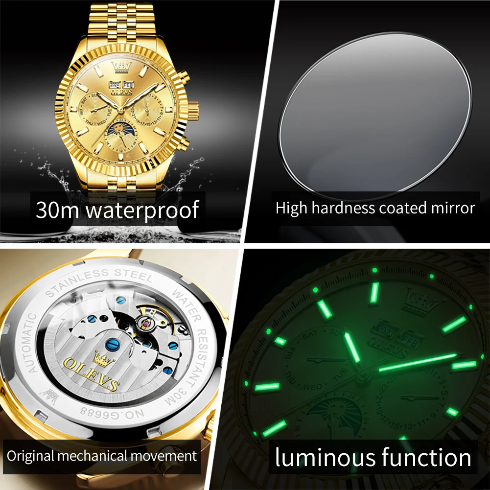 OLEVS Brand Luxury Gold Mechanical Watch for Men Stainless Steel Strap Waterproof Luminous Fashion Moon Phase Mens Watches