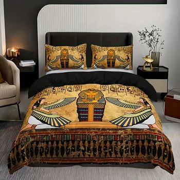 Ancient Egyptian Soft And Breathable Art Duvet Cover Set (1 Duvet Cover+2 Pillowcase) HD Printing Bedding Set For Home Dormitory
