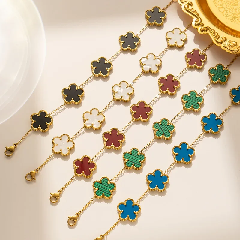 Luxury Stainless Steel Bracelet Women Double-sided Five Flower Bracelets for Women Clover New Fashion Jewelry Accessories Gifts