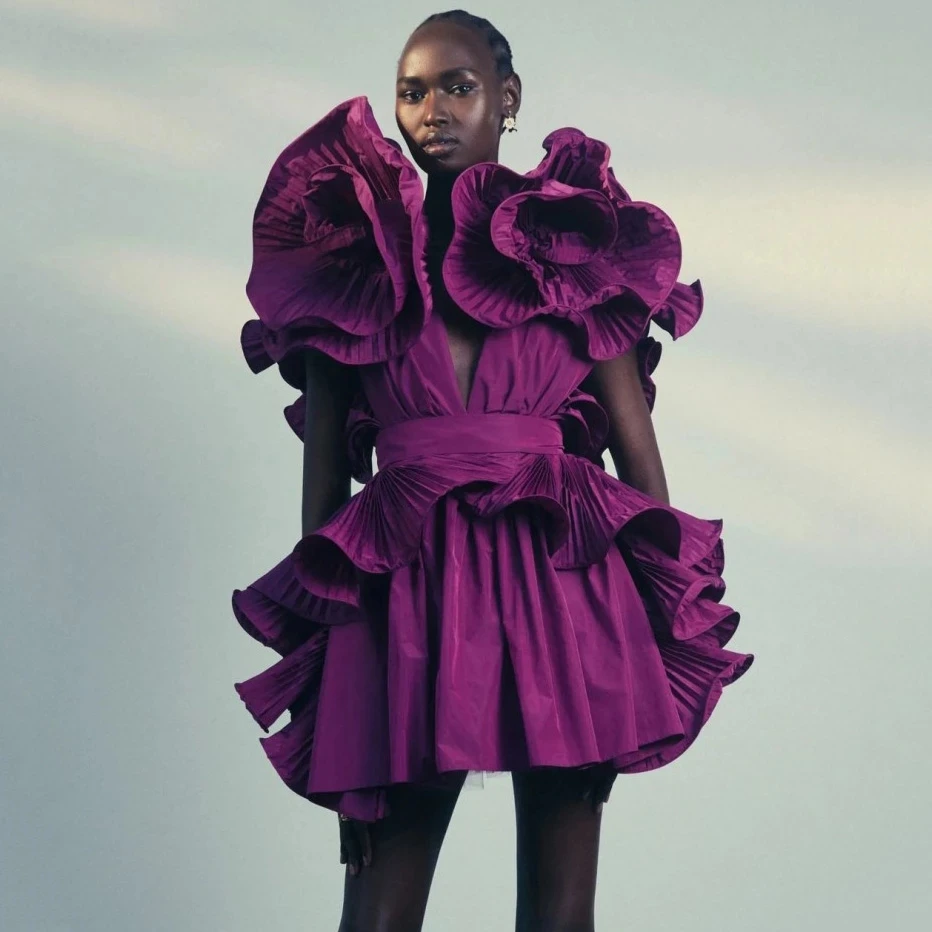 

High End Purple Ruffle Party Dress Deep V Neck Handmade 3D Flowers Short Dress for Women Formal Evening Gowns Prom Mini Dress