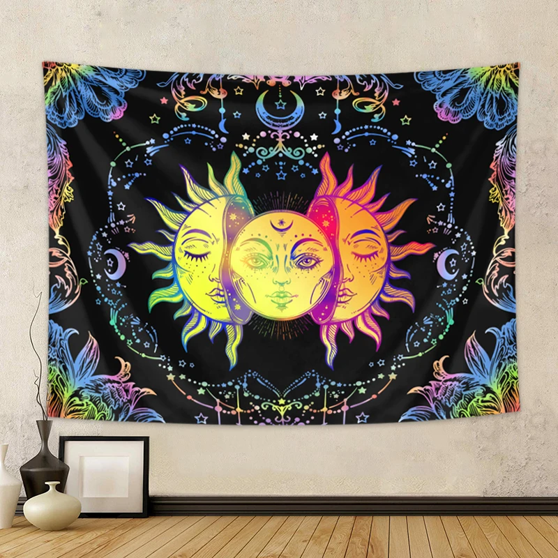 1 Stück Wandteppich im Sonne, Mond, Hippie-Stil, bunter Mondphasen-Wandteppich, böhmische dekorative Wandbehang für Schlafzimmerdekoration – Detail 13