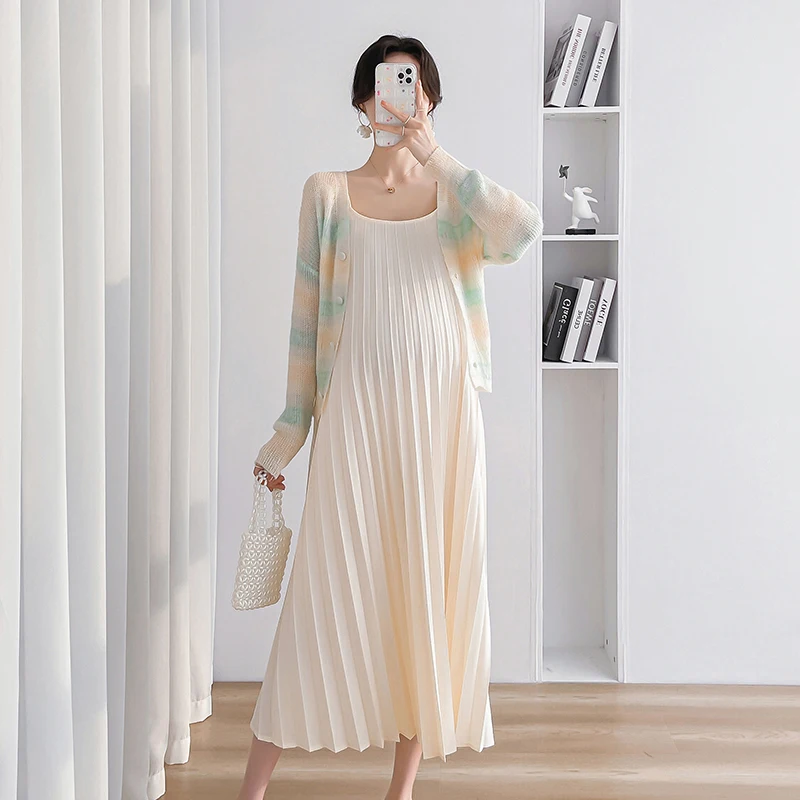Spring Summer Maternity Dress Suits Block Color Knitted Striped Shirts + Strap Dress Twinset Long Loose Pregnant Woman Clothes Set