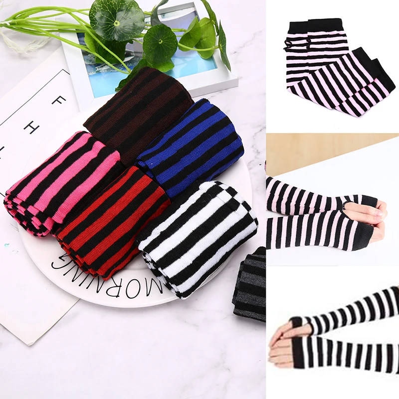 Fingerless Gloves Knitted Striped Warm Women Arm Warmer Long Gloves Protection Arm Sleeves
