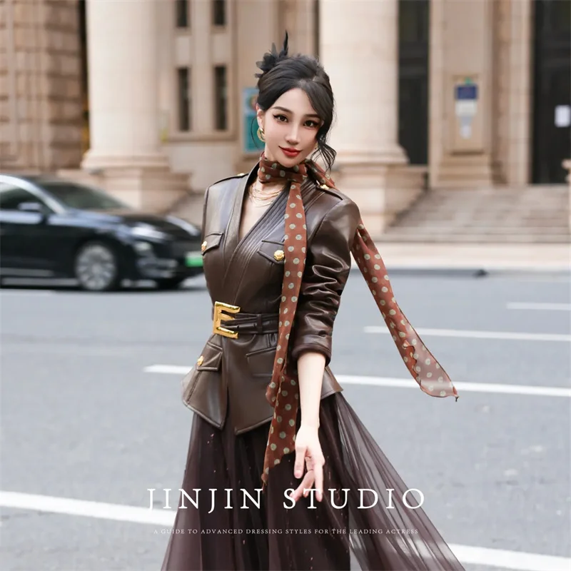 Leather Jacket Women's Jackets Spring and Autumn Cardigan Ladies' Senior Leather Coat Waist Temperament Design Sense Coat Tide