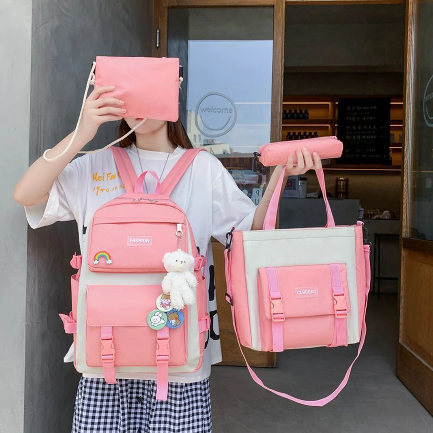 

4 Pcs/Set Student Book Bag For Children Teenagers Backpacks Handbag Stationery Box Crossbody Bag Set Pendant/badge Not Included