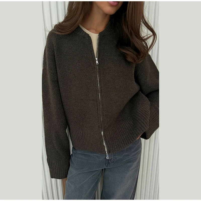 Vintage Knit Zipper Cardigan For Women Solid Loose O Neck Long Sleeve Sweater Top Female Fall Winter All-matching Knitwear