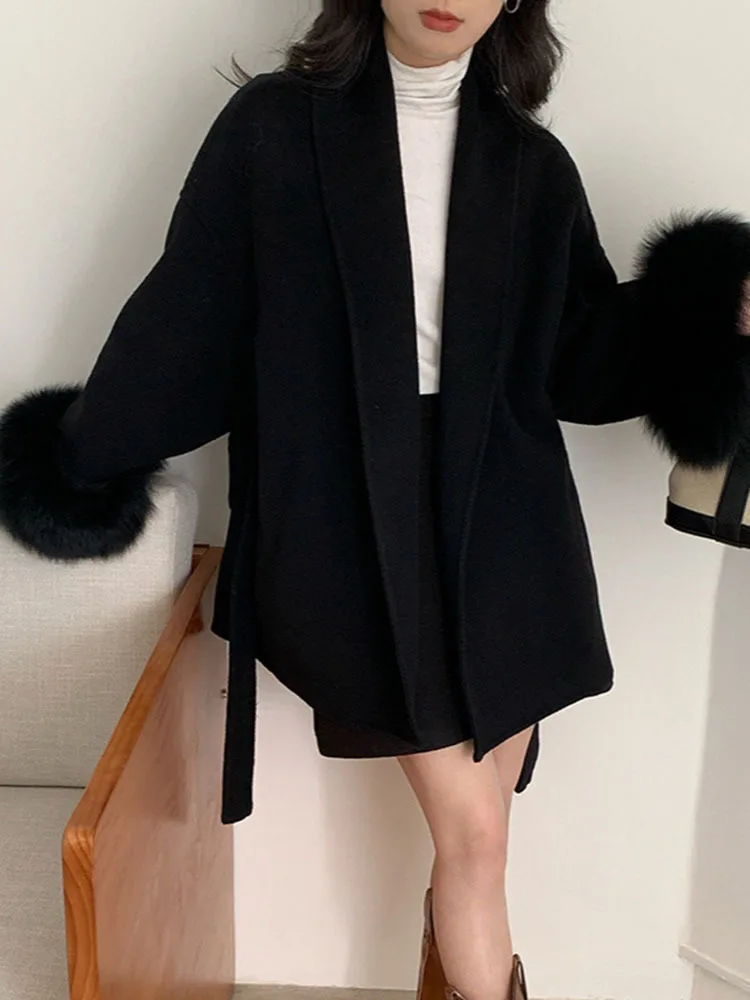 BZVW High End Double-sided Wool Strapping Coat Women's Removable Cuffs Fox Fur Temperament Double-sided Cashmere Short Jacket 4