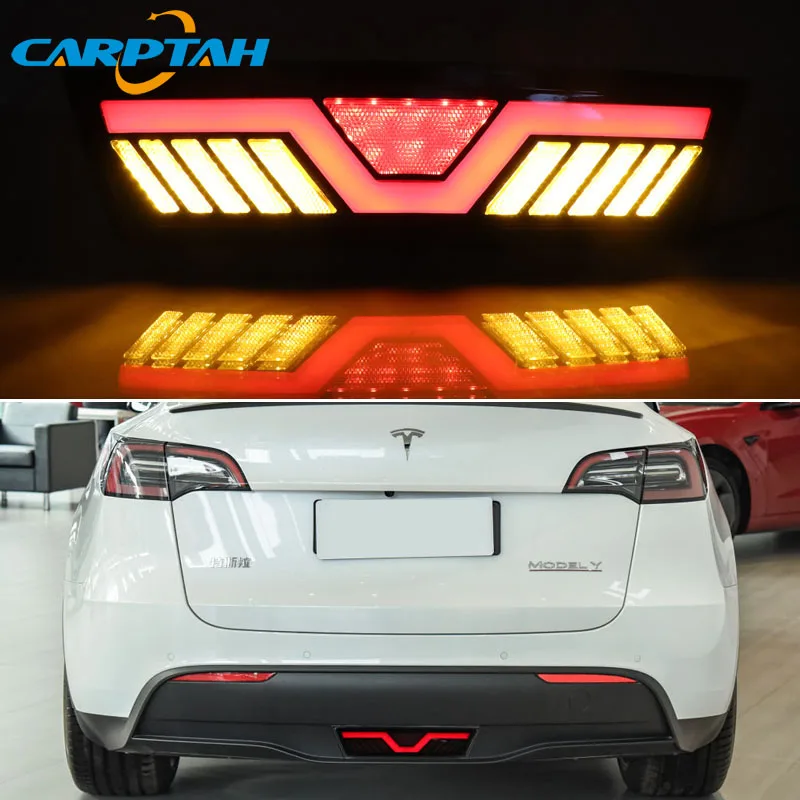 

1PCS For Tesla Model Y 2019 - 2022 3-in-1 Functions LED Bumper Light Rear Fog Lamp Brake Light Dynamic Turn Signal Reflector