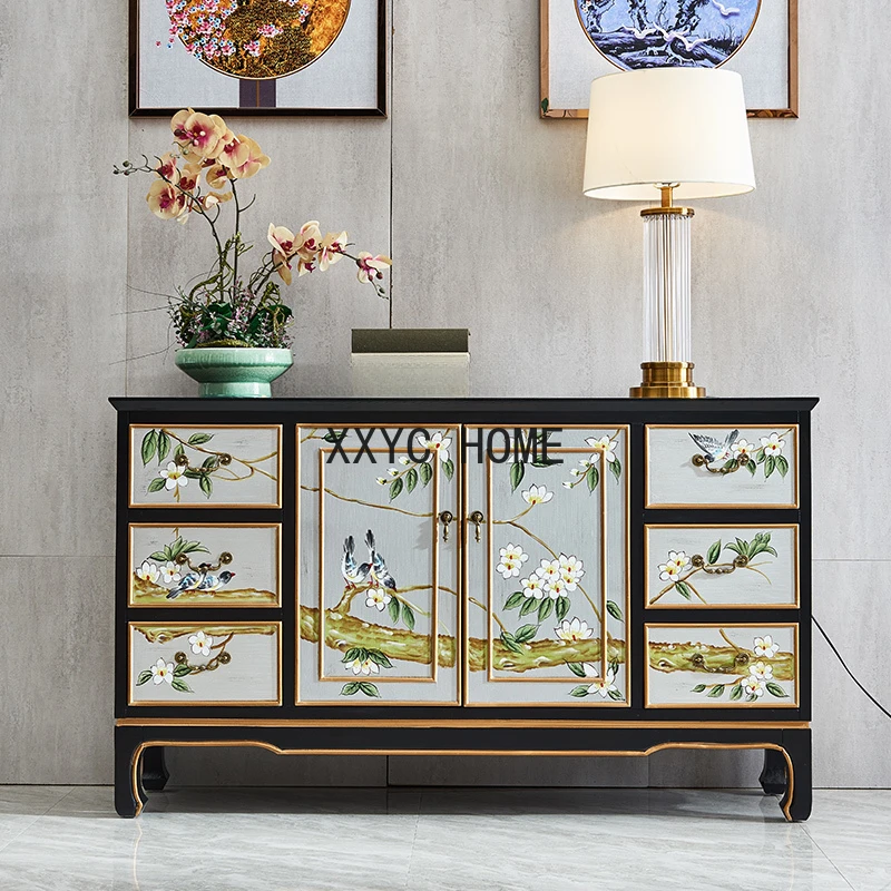 

New Chinese Style Chest of Drawers TV Bench for Bedroom Paint Hand Painted Storage Storage Side Cabinet Entrance Cabinet