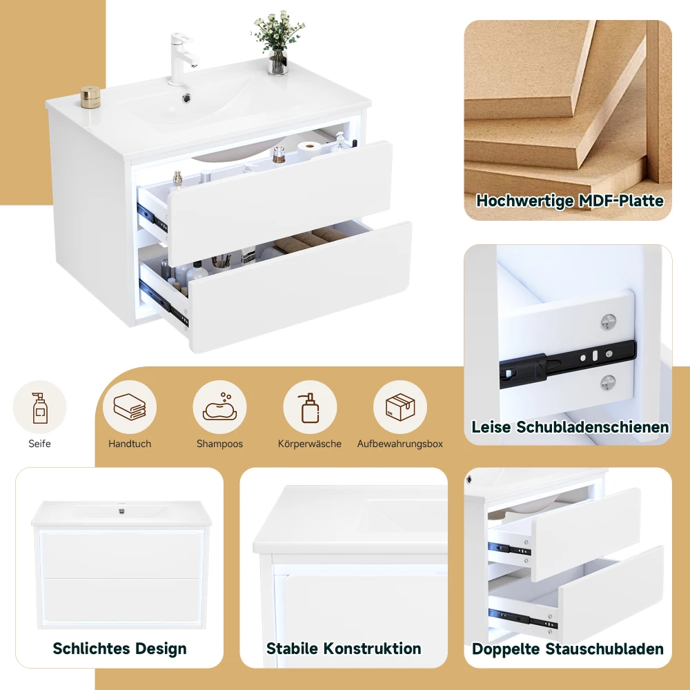 Wandmontierter Badezimmerschrank mit Vollverkleidung, Moderner Schwebender Aufbewahrungsschrank mit LED-Beleuchtung, Leiser Soft-Close-Funktion und Integriertem Waschbecken – Detail 10