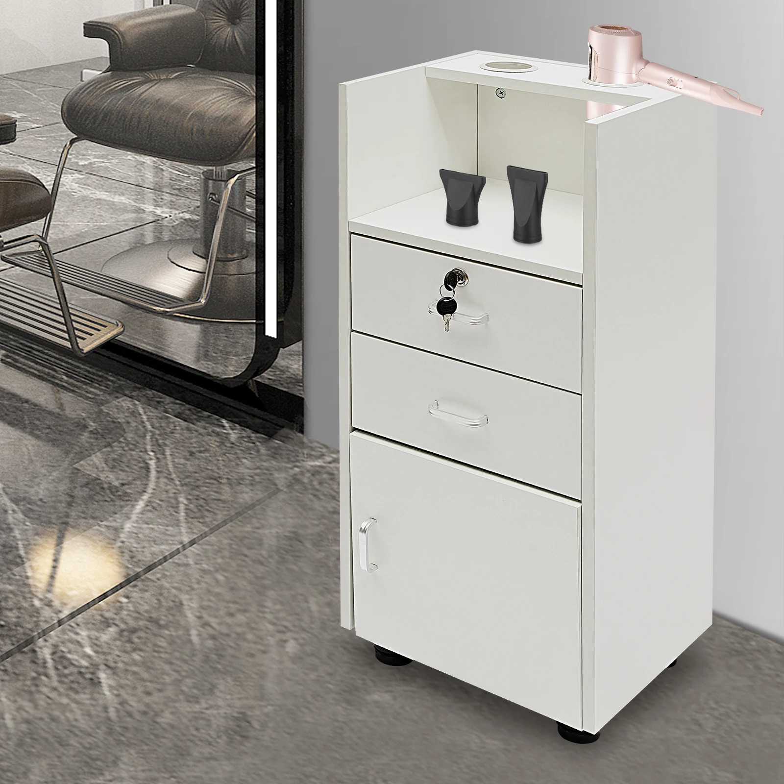 Salon Equipment Organizer 2 Hair Dryer Holders Barber Station Storage Cabinet with Drawers and Wheels