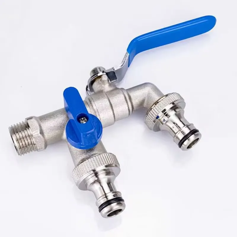 Blue Handle Double Head Water Faucet for Washing Machine 1 Inlet 2 Outlet 1/2" BSP Thread Brass Outdoor Garden Bibcock with Dual images - 6