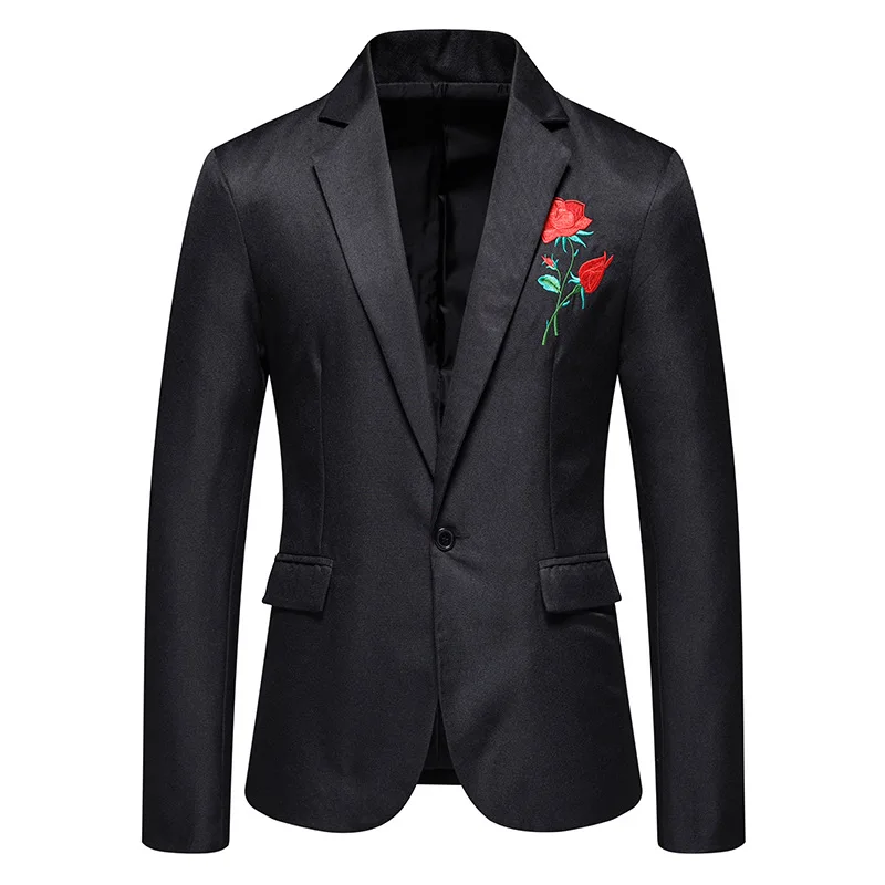 Mens Rose Floral Embroidery Tuxedo Jacket Slim Fit Notched Lapel Suit