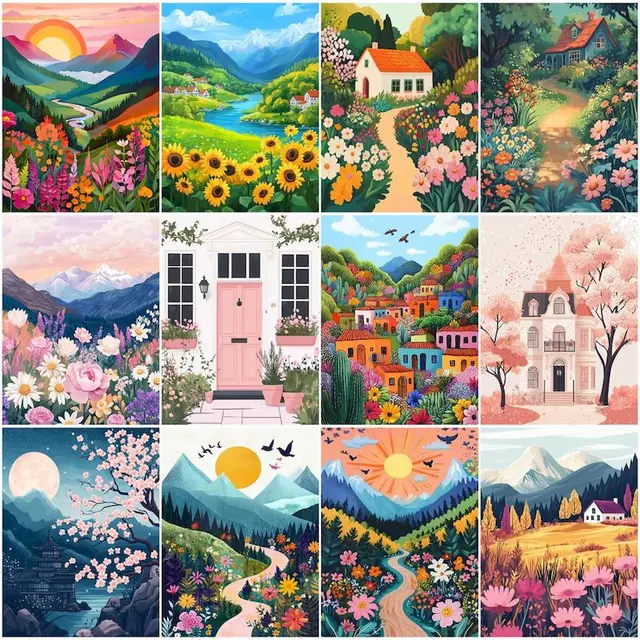 RUOPOTY-Marqueurs de coloriage par numéros pour adultes, peinture par numéros, huile, paysage, fleurs, dessin à la main simple, document, bricolage, artisanat, décoration de la maison 1