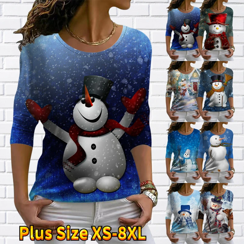 

2022 New Autumn Winter Women's Fashion Snowman Printing Long Sleeve Round Neck T-shirt Elegant Tops Casual Christmas Pullover