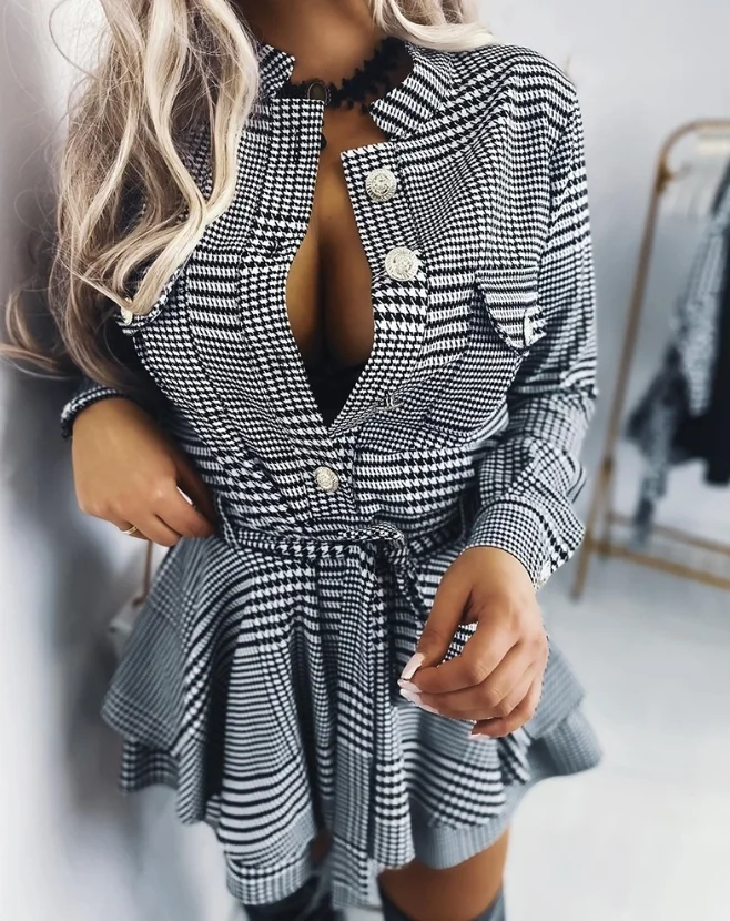 Y2K Elegant and Pretty Women\'s Dresses 2023 Autumn New Fashion and Sexy Standing Collar Houndstock Print Pocket Design Romper