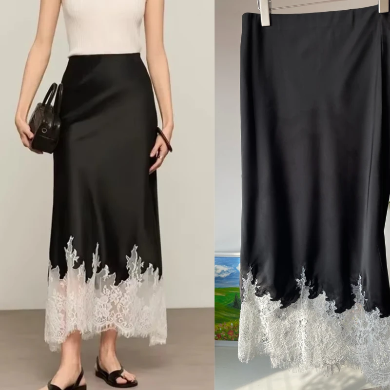Fairy Lace-Trim Satin Midi Skirt High Wasit Elegant Wrapped Hip Long Skirts Party 2025 Fashion Trends Summer Women Clothing 1