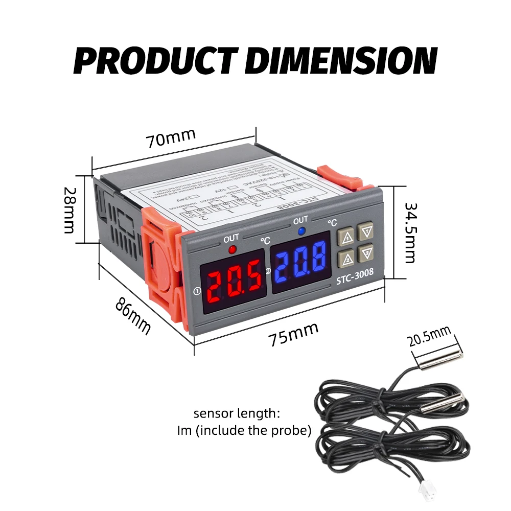 듀얼 디지털 디스플레이 온도 컨트롤러, 마이크로 컴퓨터 온도조절기 레귤레이터 제어 스위치, 110-220V AC, 12 V, 24V DC, STC3008