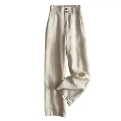 Women 100% Linen Pants Breathable Elastic Band Waist Grey White Black Summer Casual Straight Wide Leg Trousers S 3XL Plus Size