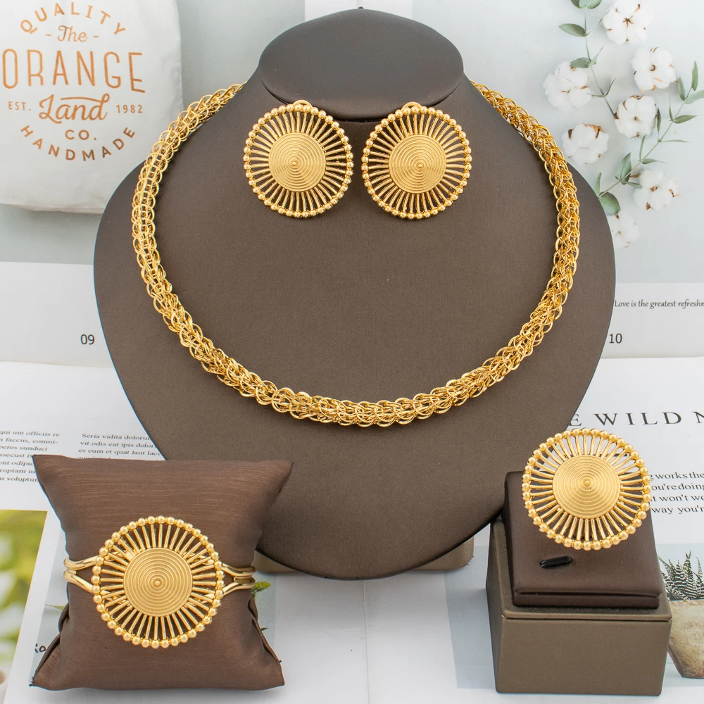 

Luxury Gold Color Earrings Chain Hot Sale 45cm Necklace Bracelet Ring Dubai African Fashion Jewelry Set Party Anniversary Gift