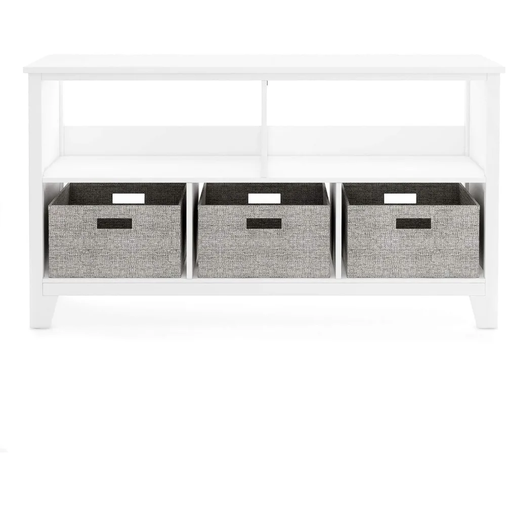 Kids' Low Bookcase -  White: 24 Inch Wooden Storage Organizer Cubby with Fabric Bins for Playroom and Bedroom 4