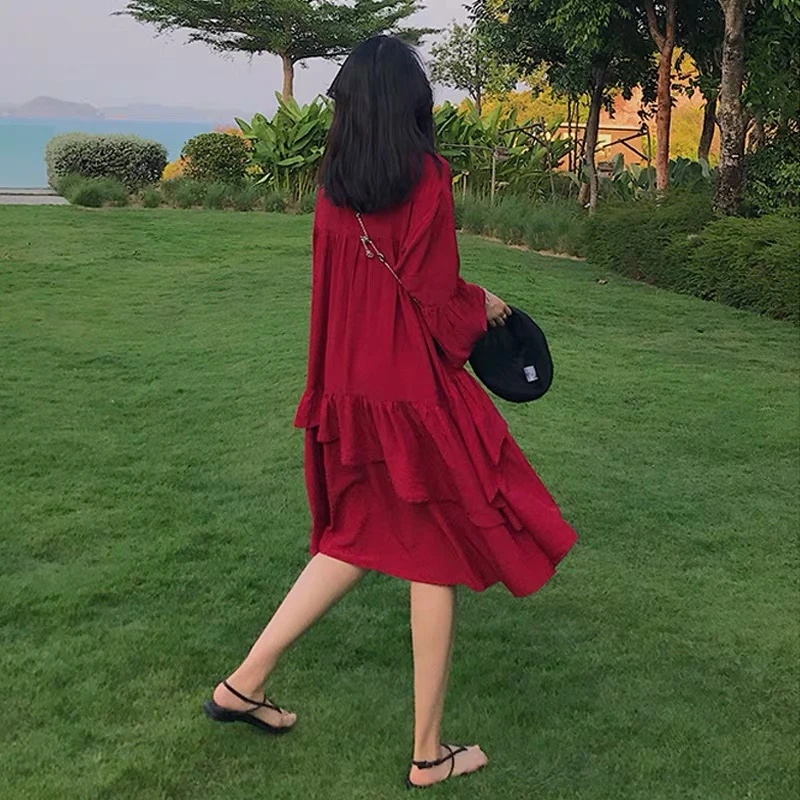

Travel Wear Seaside Vacation Beach Dress Loose Dress Chiffon Bright Red Dress Women's Summer