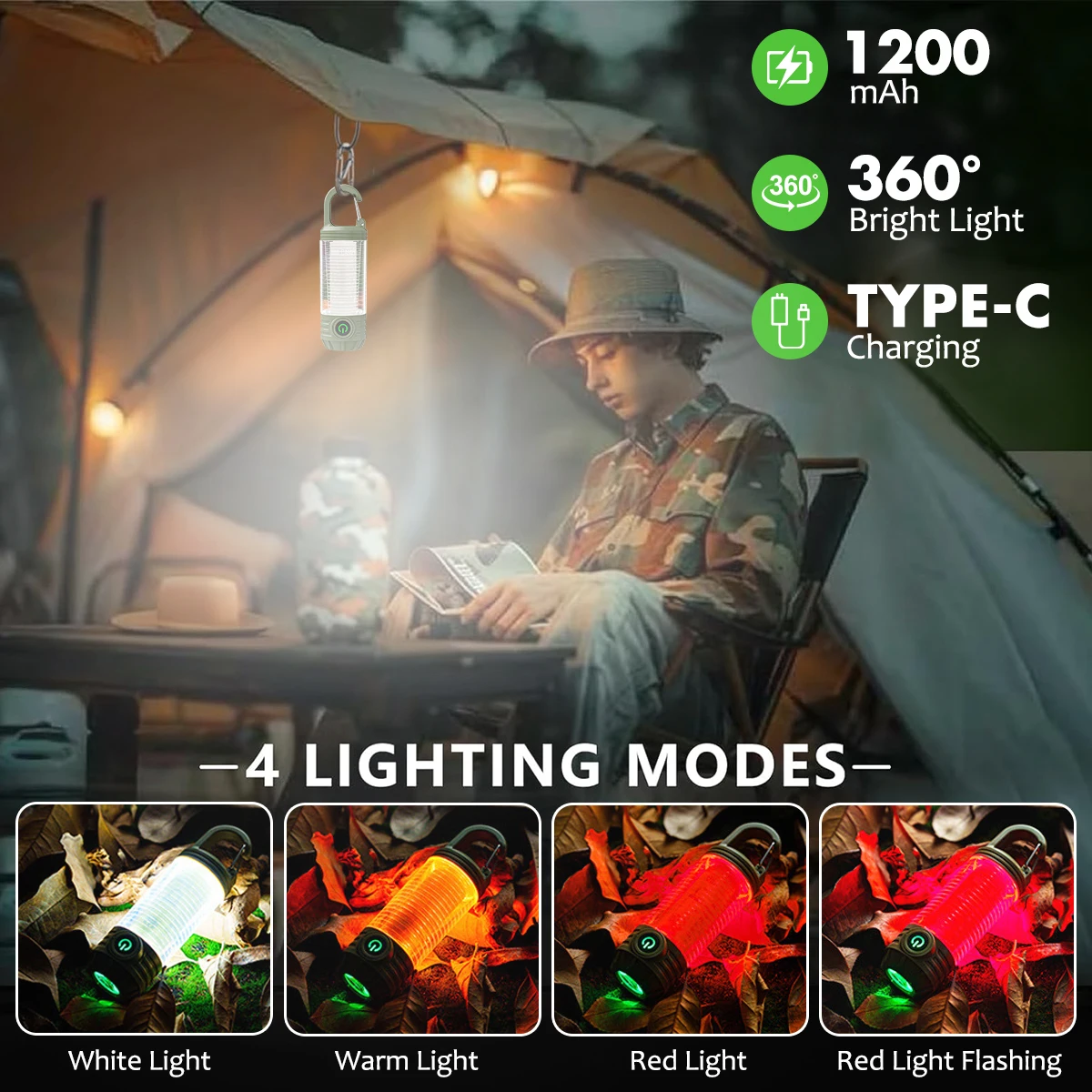 Multifunction Camping Flashlight with 6 Lighting Modes 1200mAh Battery Type-C Rechargeable IP65 Waterproof Tactical Camp Light led flashlight camping lamp camping lights