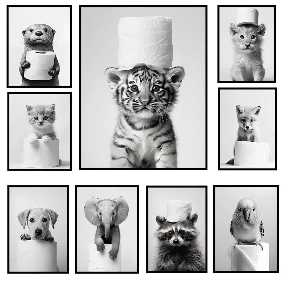Animals Toilet Paper Art Canvas Posters for Bathroom Wall animal canvas posters