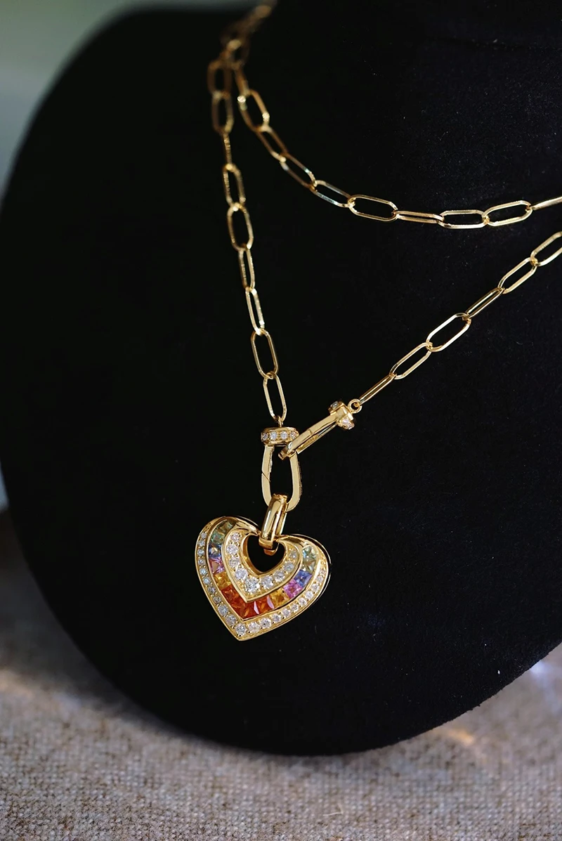 KUGG 18K Yellow Gold Necklace Romantic Rianbow Heart Shape Real Natural Aquamarine Pendant Luxury Diamond Jewelry for Women