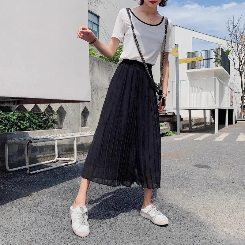Women's Spring Summer Solid Polka Dot Shirring Wide Leg Casual Loose Elastic High Waisted Sports Trousers Office Lady Pants