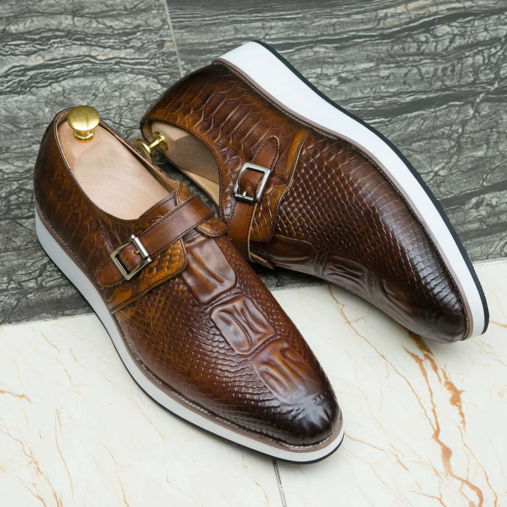 Mens Casual Shoes Genuine Leather Crocodile Pattern Classic Shoe for Men Leather Original Fashion Buckle Monk Strap Sneakers