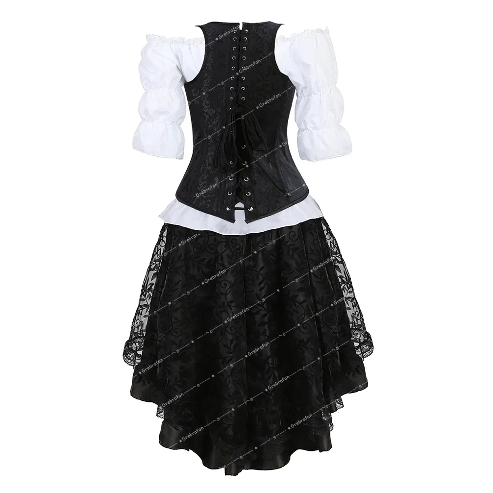 Vintage Corset Woman Gothic Bustier Embroidered Straps Underbust Dress Set Evening Party Costume Waist Trainer Shapewear Outfits