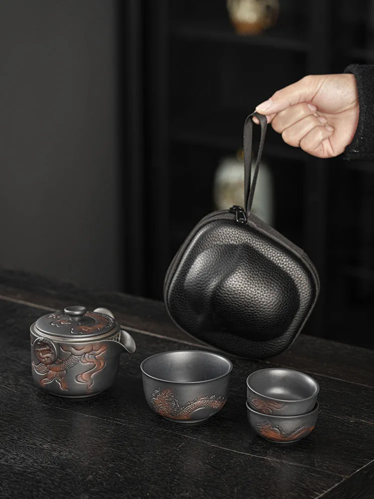 Purple Pottery Quick Guest Cup  One Pot  Three Cups  Portable Kung Fu Travel Tea Set Outdoor Car Mounted Household Tea Pot