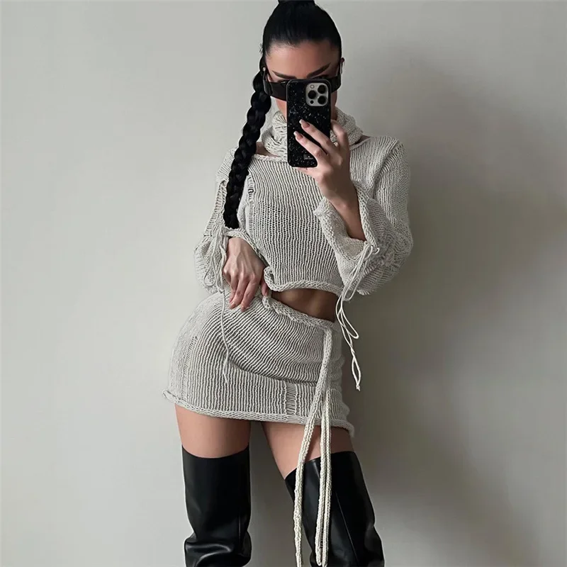 Knitted Lace Up 3 Piece Set Women Ripped Hole Scarf Long Sleeve Pullover Crop Tops Bodycon Mini Skirt Fashion Casual Dress Suits