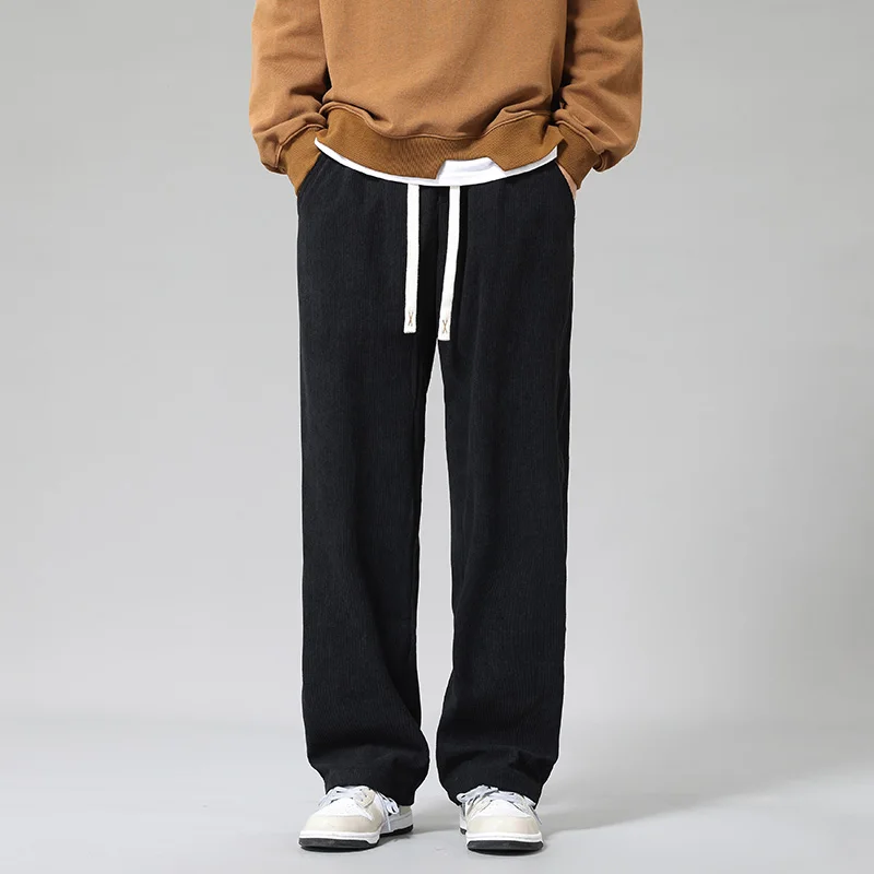 Wide Leg Pants Men Autumn and Winter High Waisted Elastic Pocket Patchwork Drawstring Solid Color Loose Straight Leg Pants