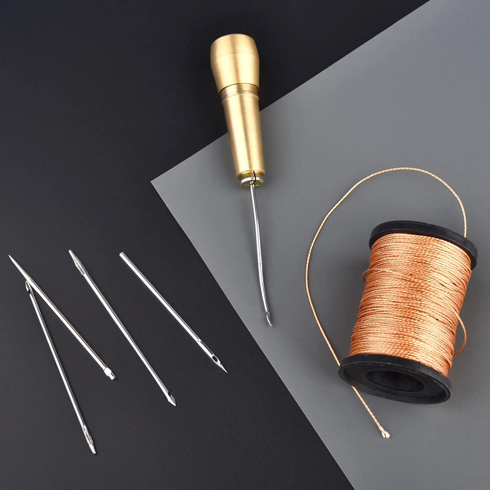 Leather Sewing Kit DIY Leather Sewing Awl Needle With Copper Handle Set Leather Canvas Tent Shoes Repairing Tool W/Nylon Thread