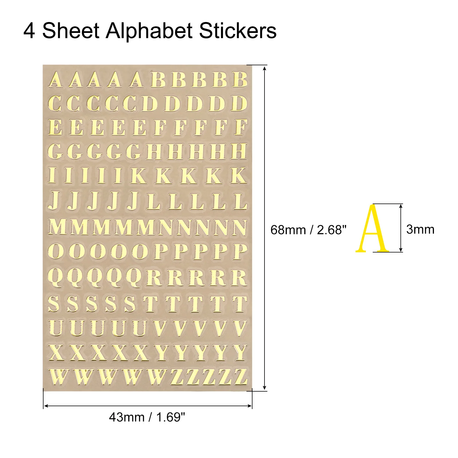 Letter Resin Stickers 4 Sheets 104pcs Mini Alphabet Sticker Glitter Alloy Uppercase Self Adhesive for Resin Crafts Gold 3mm High
