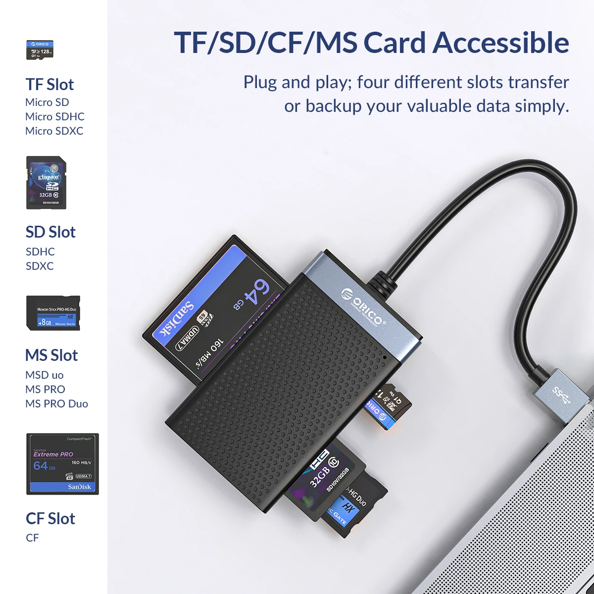 Orico Usb 3.0 Usb c Leitor de Cartão em Memory Smart Leitor de Cartão sd tf cf ms Compact Flash Card Adapter 15cm Linha de For Computador Portátil - Imagem 5
