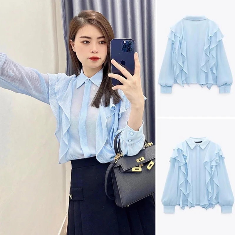 

Spring and summer women's new loose sunscreen tulle shirt French layered ruffle trim shirt