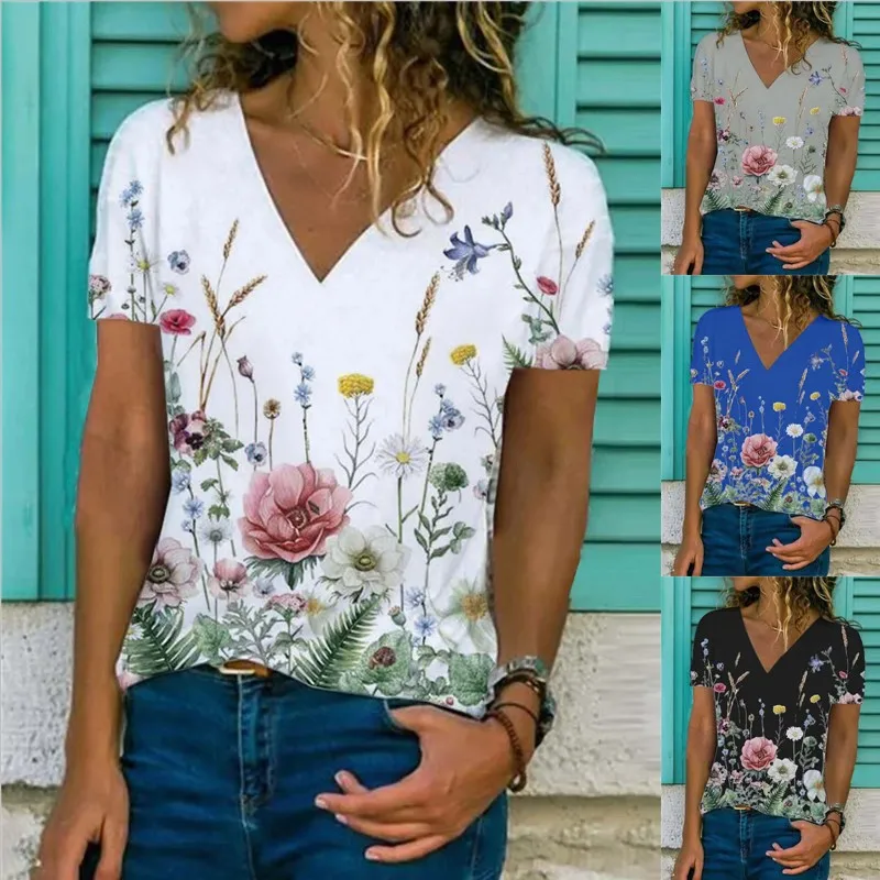

WorCoer 2023 Summer Women T-Shirt Vintage Casual Fashion V Neck Oversize Short Sleeve Printed Loose Daily Design Tops 6XL Black