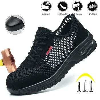 Scarpe antinfortunistiche da uomo estive in mesh traspirante con punta in acciaio Scarpe da lavoro comode da esterno in Kevlar anti-sfondamento 1