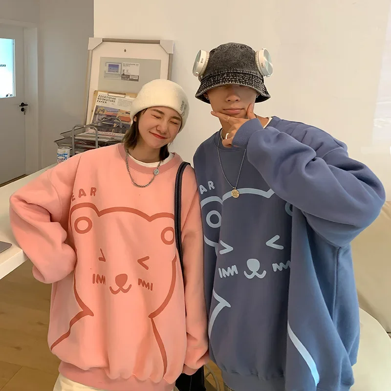 Cartoon Bear Couple Fashion Clothing Sweatshirts Harajuku Design Personalized Pullovers New Autumn Winter Loose O-Neck Warm Tops