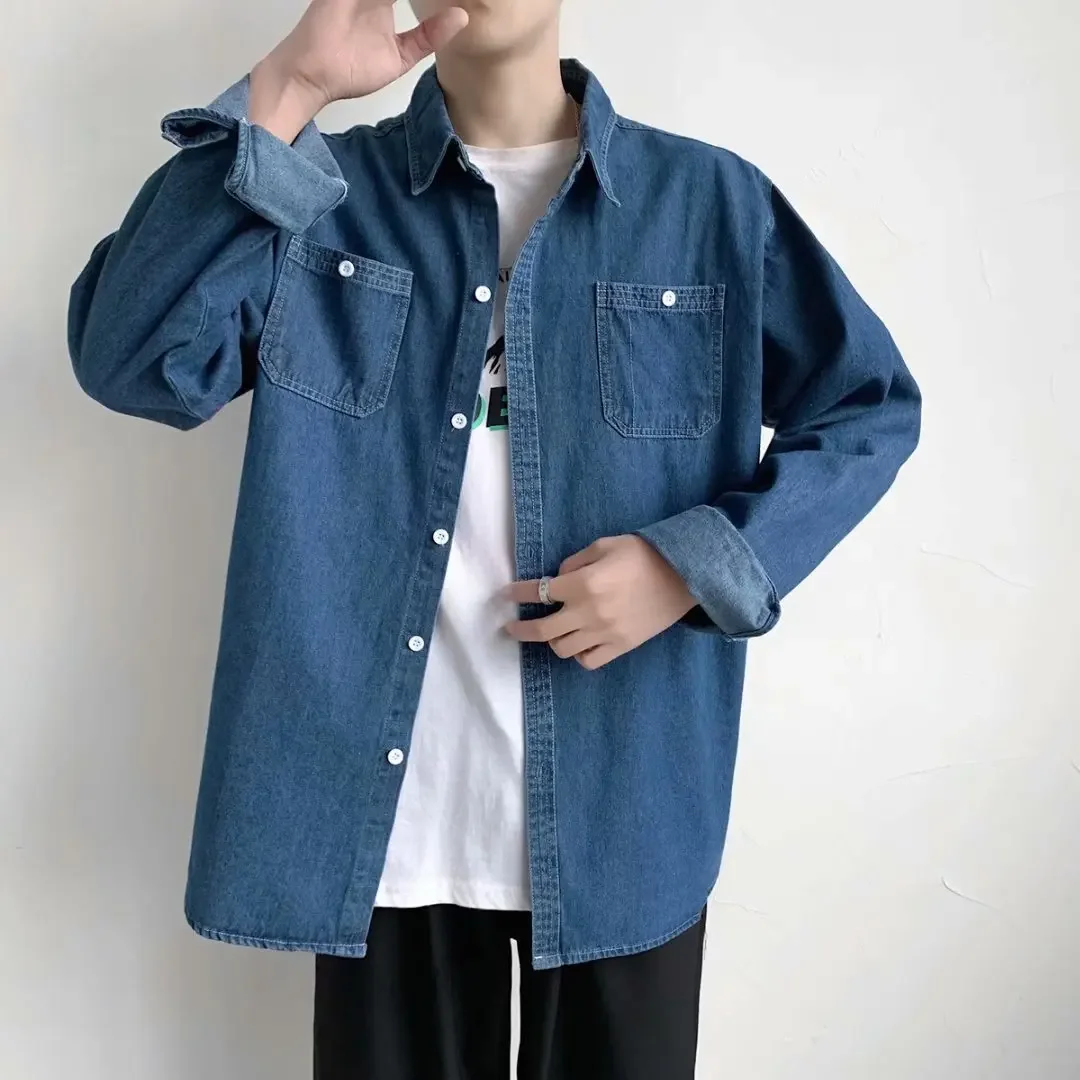 Casual Long Sleeve Men's Denim Shirt Spring Autumn Korean Style Fashionable Blue Casual Outerwear for Men Handsome