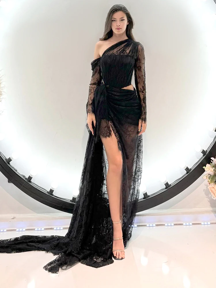 VC Sexy Black Lace Illusion Asymmetrical Long Evening Dress See