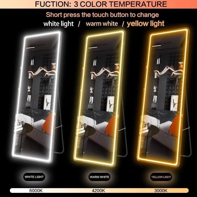 65"x22" Full Length Floor Mirror LED Whole Body Mirror, Wall Mounted Hanging Mirror with Lights, Makeup Vanity