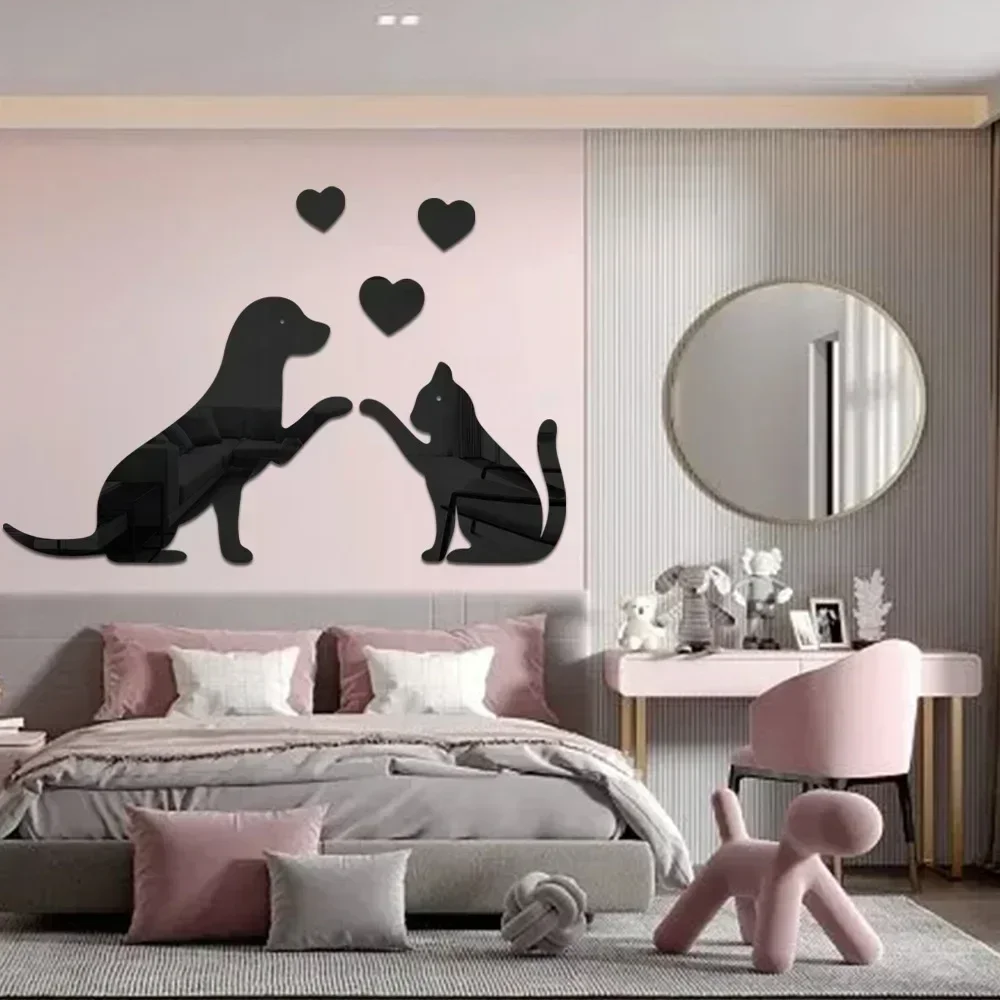 3D Acrylic Mirror Wall Sticker Cartoon Love Cat Dog Living Room Wall Decoration Bedroom Headboard Modern Home Decoration