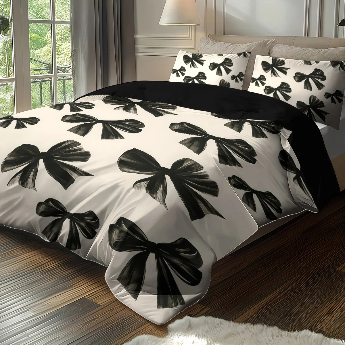 3pcs Black Bow Print Coreless Bedding Set Multiple Sizes Suitable for Bedrooms and Dormitories, Comfortable and Machine Washable