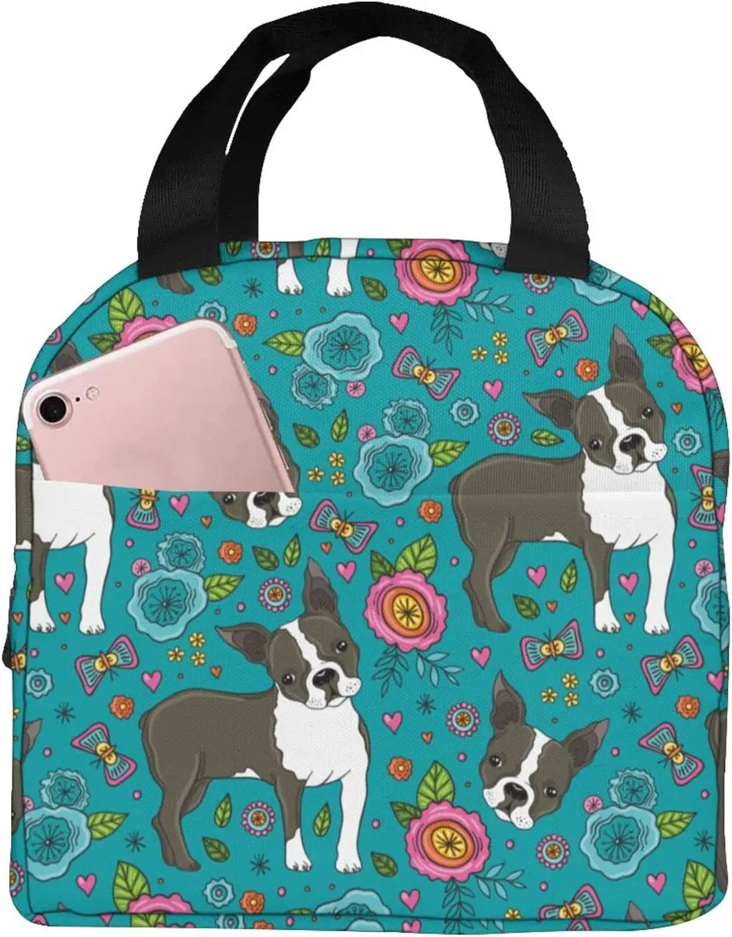

Boston Terrier And Flowers Lunch Bag Portable Insulated Thermal Lunch Tote Box Reusable Cooler Tote Bag For Men Women Camping