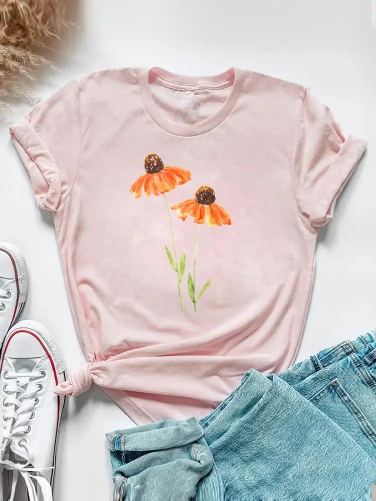 Sweet Watercolor Flower 90s Clothing Short Sleeve Tee Top Summer Graphic T Shirt Women Fashion Casual Female Print T-shirt