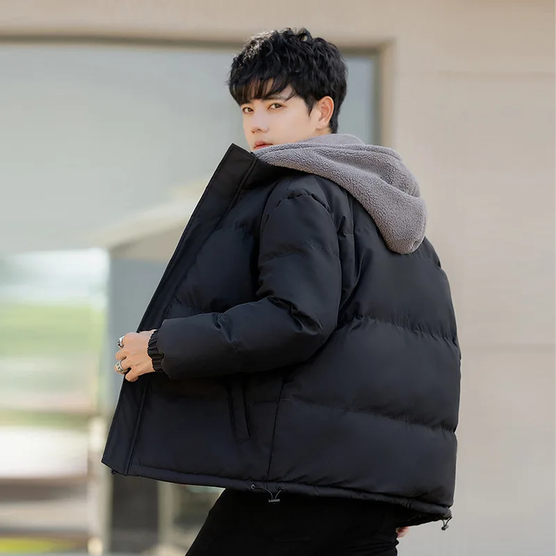 Winter Men's Fake Two Piece Hooded Cotton Coat Fashion Solid Color Oversized Loose Thickened Warm Polar Fleece Jacket